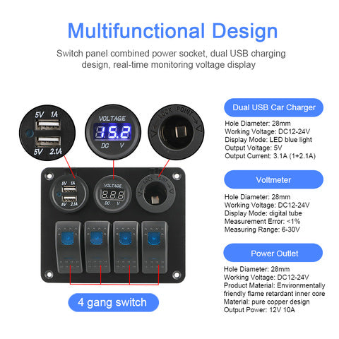 4-knappars vippanel med voltmätare och USB-laddare för båt, marin, bil, husbil, husvagn (12V/24V)